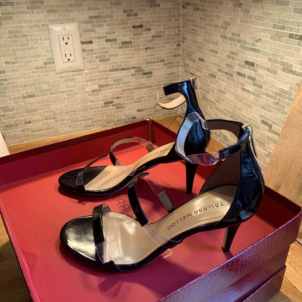 Tamara Mellon Black frontline 75 sandals/heels. 3”